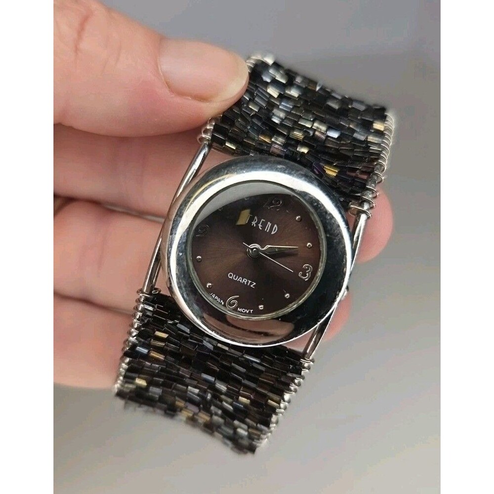 Trend Quartz Metallic Beaded Adjustable Cuff Watch Silvertone Jewelry